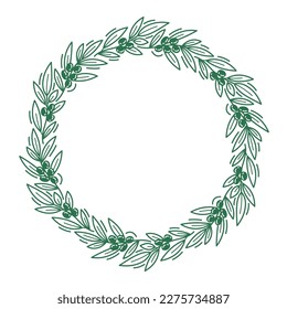 Olive branches circle frame floral ornament. Line pattern background. Editable outline stroke. Vector line.