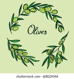 Olive branches color set, design with inscription, woodcut style design, hand drawn doodle, sketch in pop art style, isolated vector illustration
