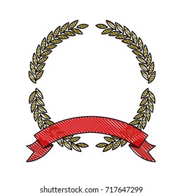 olive branches in colored crayon silhouette forming a circle with thick ribbon on bottom vector illustration