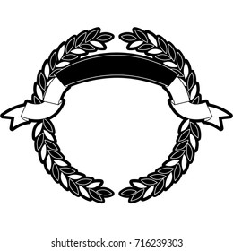 olive branches forming a circle with ribbon on top in monochrome silhouette vector illustration