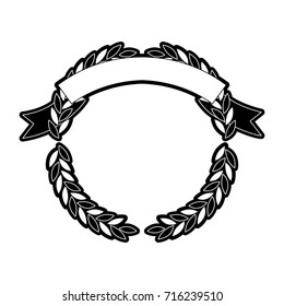 olive branches forming a circle with ribbon on top in monochrome silhouette vector illustration