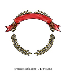 olive branches forming a circle with ribbon on top in colored crayon silhouette vector illustration