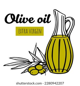 Olive branches and fruits with a jug of extra virgin olive oil outline vector illustration. Doodle elements for oil package, logotype, olive products company designs.