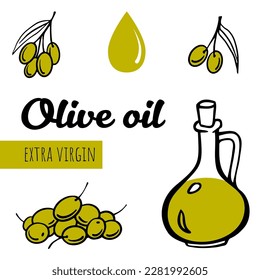 Olive branches and fruits with olive oil bottle extra virgin. Outline vector illustration set. Doodle elements for oil package, logotype, olive products company designs.