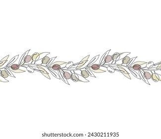 Olive branches and fruits seamless border pattern, continuous line drawing. Hand drawn floral background, vector illustration.