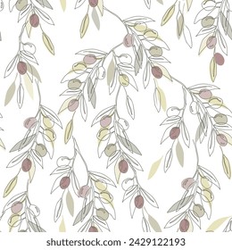 Olive branches and fruits seamless pattern, continuous line drawing. Hand drawn floral background, vector illustration.