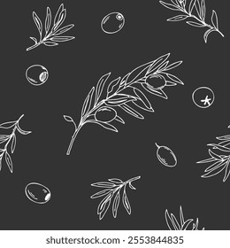 Olive Branches Graphic seamless pattern. White line art on a black background. Hand drawn Vector Black and white illustration. Can be used for textile, wallpaper prints and packaging.