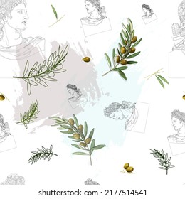 Olive Branches And Greek Bust, Greek Seamless Pattern, Greek Bust Silhouette, Blue And White Background, Psychedelic 70s, Wallpaper, Paper