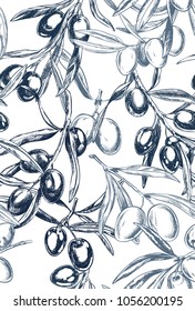 Olive branches, hand-drawn engraving vector illustration. Seamless Pattern, textile design.