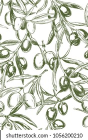 Olive branches, hand-drawn engraving vector illustration. Seamless Pattern, textile design.