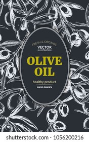 Olive branches, hand-drawn engraving vector illustration. Seamless Pattern, textile design. Oval banner, chalkboard.