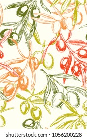 Olive branches, hand-drawn engraving vector illustration. Color seamless Pattern, textile design.