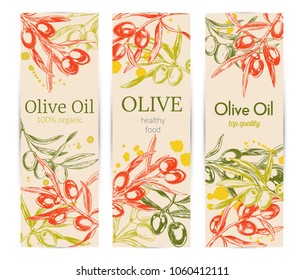 Olive branches, hand-drawn engraving vector illustration. Vertical banners with olive branches and olive oil spots.