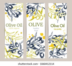Olive branches, hand-drawn engraving vector illustration. Vertical banners with olive branches and olive oil spots.