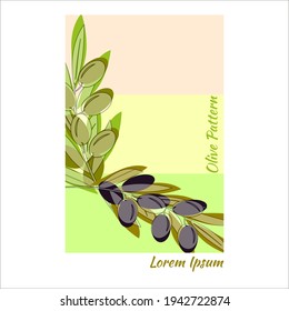 Olive branches with leaves and fruits on colored background in pastel colors. Floral pattern for printing on posters, textiles, clothing, stickers. Vector illustration in outline style, text.