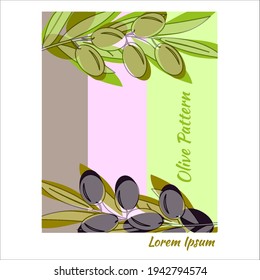 Olive branches with leaves and fruits on colored background in pastel colors. Floral pattern for printing on posters, textiles, clothing, stickers. Vector illustration in outline style, text.