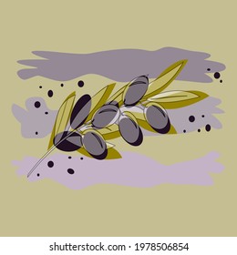 Olive branches with leaves and fruits on coloured background in pastel colours. Floral pattern for printing on posters, textiles, clothing, stickers. Vector illustration in outline style, text.