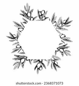 Olive branches, leaves and fruits. Round wreath of branches olive tree. Vector illustration in sketch style. For menu, packaging design, wedding invitation, save the date or greeting card.