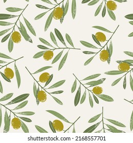 Olive branches and leaves seamless pattern. Olive tree vintage botanical background.