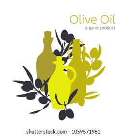 Olive branches, olive oil, flat illustrations, hand drawn silhouettes of olive tree fruits and bottles of olive oil. Decorative poster.