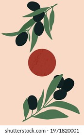 Olive branches on an abstract background and a minimalistic sun image, an illustration for a picture or cover, a banner.
