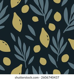 Olive Branches on Dark Background. Seasonal texture, perfect for textile, wrapping paper or print designs.