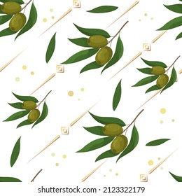 Olive branches on a white background, seamless pattern with golden geometric shapes, vector illustration for the design of natural organic cosmetics, textiles, wallpaper, olive oil packaging decor