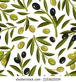 Olive Branches Seamless Pattern Design with Green and Black Fruit Vector Template