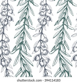 Olive branches seamless pattern. Long decorative elements with leaves and fruits.