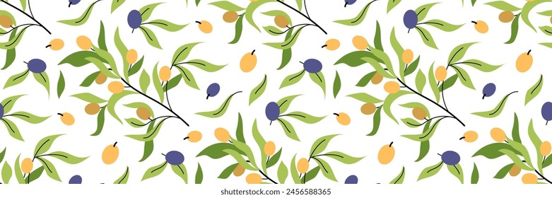 Ramas de olivo sin patrón. Fondo blanco con ilustración floral. Primavera y verano de fondo. Para Fondo de pantalla o tela, embalaje, marca. Ilustración plana de Vector.