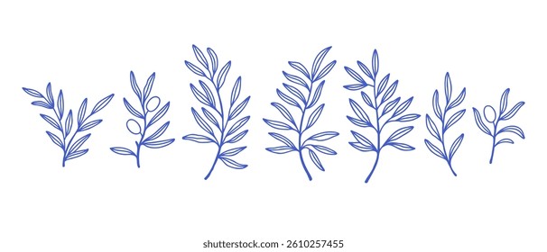 Olive branches set. Collection of isolating leaves and branches in line art style. Italian Cuisine. A symbol of peace. Greek religious sign. Olive tree.