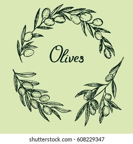 Olive branches set  design and inscription  woodcut style design  hand drawn doodle  sketch in pop art style  isolated vector illustration