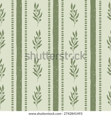 Olive Branches Striped Seamless Pattern. Hand drawn Mediterranean leafy motif vertical bands soft sage palette. Minimal natural rustic background with organic rhythm texture