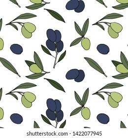 Olive branches vector pattern. Hand drawn oliva oil background.