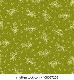 Olive branches Vector seamless pattern. Hand Drawn doodle olive tree twigs, olive berries. Olives green background.  