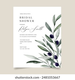 Olive Bridal Shower Invitation Template, Printable Watercolor Greenery Bridal Shower Invite, Bridal Shower Invite for Rustic Mediterranean theme 