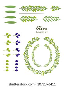 Olive brushes set, olive branches, green and black olives and leaves, olive wreaths. Vector Illustration