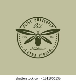 Olive and butterfly extra virgin vector logo design, elegant organic emblem with olive branch and butterfly shape, suitable for olive oil brand, skincare product, or natural organic food packaging