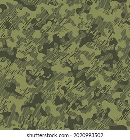 Olive Camouflage Seamless Pattern. Beige Repeated Doted Graphic Design. Brown Seamless Halftone Vector Wrapping. Camouflage Digital Autumn Repeated Artistic Graphic Pattern. Green