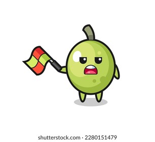 olive cartoon as the line judge hold the flag up at a 45 degree angle , cute style design for t shirt, sticker, logo element
