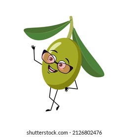 Carácter vivo con emoción feliz con gafas, cara alegre, ojos sonrientes, brazos bailando y piernas. Persona con expresión, emoticono de fruta. Ilustración plana del vector