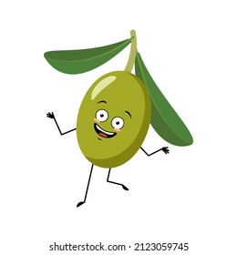 Olive character with happy emotion, joyful face, smile eyes, dancing arms and legs. Person with expression, fruit emoticon. Vector flat illustration