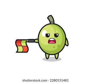 olive character as line judge hold the flag straight horizontally , cute style design for t shirt, sticker, logo element