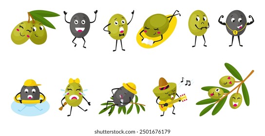 Olive characters. Cartoon olives mascots, fresh or pickle food. Cute berry dreaming, resting swimming singing. Green branch, neoteric vector plants