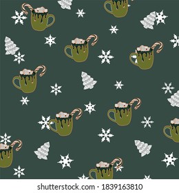 Olive Christmas pattern background with cookies and cappuccino