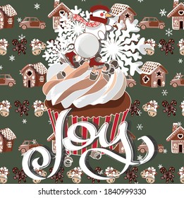 Olive Christmas patterned card with snowman and cupcake