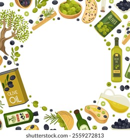 olive. circle background with illustrations of different olives products
