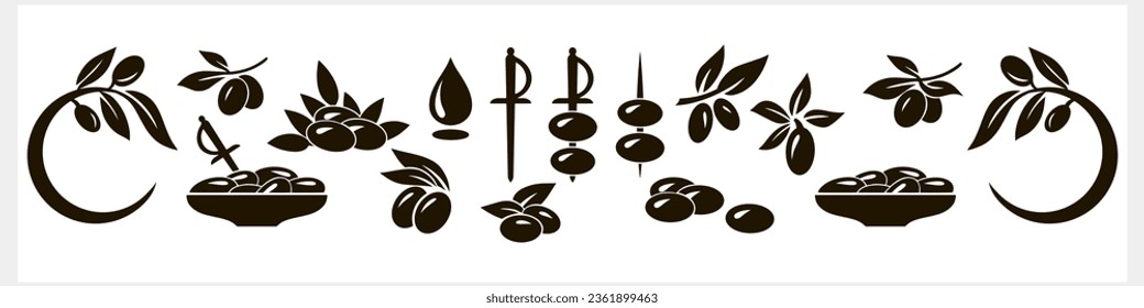 Olive clipart. Branch with leaf and fruit isolated. Olives oil stencil Vector stock illustration. EPS 10