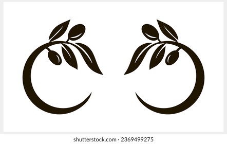 Olive clipart. Branch with leaf and fruit isolated. Circle frame border stencil Vector stock illustration. EPS 10