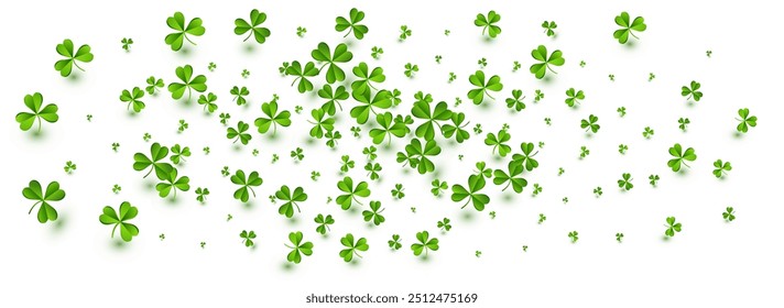 Olive color Clover Falling Vector White Panoramic Background. Green Shamrock Fly Template. Saint Patrick Leaf Wallpaper. Bright Foliage Botanical Backdrop.